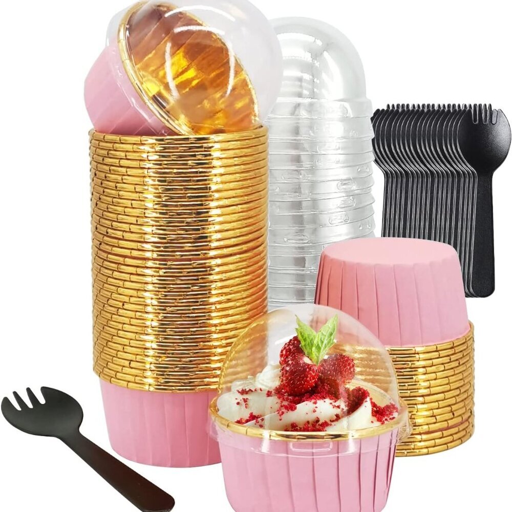 Cupcake Liners with Lids 50 Pack, 5oz Large Foil Cupcake Cups Muffin Tins,Dispos